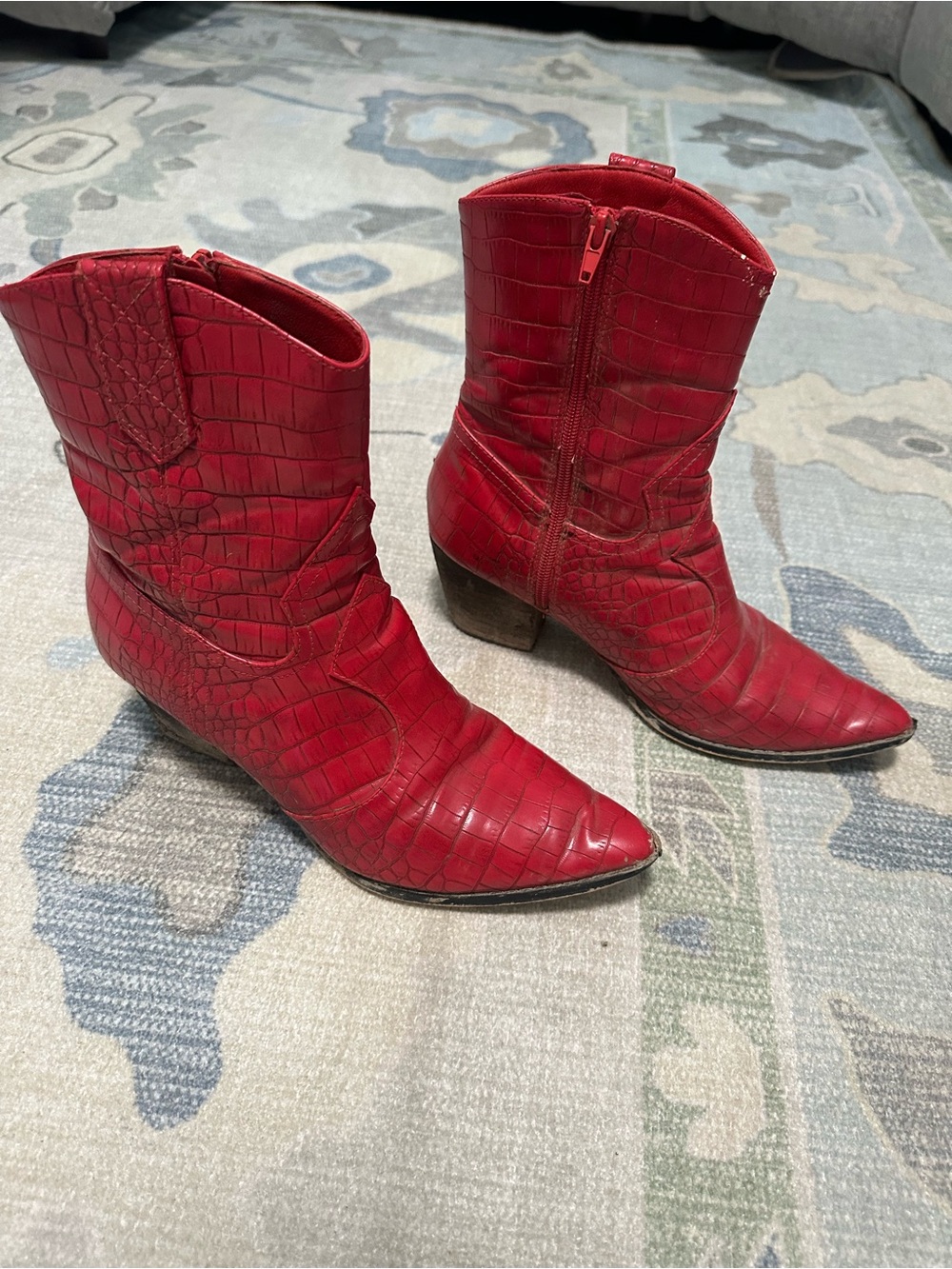 Red Croc-Embossed Pointed Toe Ankle Boots - Picture 2 of 4